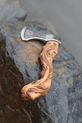 Fenrir Viking Axe – Forged Carbon Steel Blade with Engraved Ash Wood Handle & Sheath – Norse Gift for Him