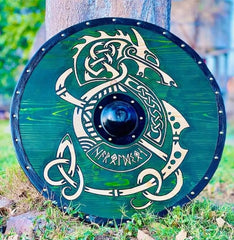 Handgefertigter Wikingerschild – Nordischer Drache & Runen Rundschild aus Holz