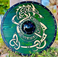 Handgefertigter Wikingerschild – Nordischer Drache & Runen Rundschild aus Holz
