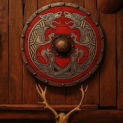 Handgefertigter Roter Wikingerschild – Graviertes nordisches Wolfsdesign & mittelalterliche Dekoration