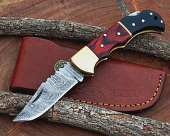Handmade Damascus Steel Back Lock Folding Pocket Knife | Black Horn & Red Wood Handle