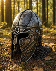 Handgeschmiedeter Wikinger-Brillenhelm mit komplettem Kettengeflecht-Aventail – Replik eines mittelalterlichen Nordmann-Kriegers