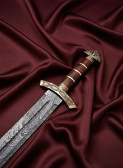 Hand-Forged Damascus Steel Viking Sword Replica | Premium Norse Scabbard & Brass Accents