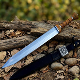 Hand Forged Celtic Leaf Blade Short Sword – High Carbon Steel Collectible Display Blade with Segmented Wooden Hilt & Ornate Leather Sheath
