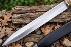 Hand Forged Celtic Leaf Blade Short Sword – High Carbon Steel Collectible Display Blade with Segmented Wooden Hilt & Ornate Leather Sheath