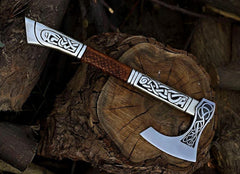 Hand-Forged Viking Axe - Engraved Norse Celtic Hatchet with Ash Wood Handle