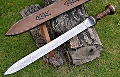 Handgeschmiedetes Damaststahl Römerschwert Gladius – Mittelalterliches Sammlerstück mit Holzgriff und Lederscheide