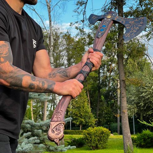 VW-30 Hand-forged Leviathan axe with leather wrap, Halloween gift, Christmas gift - Valknut Warriors