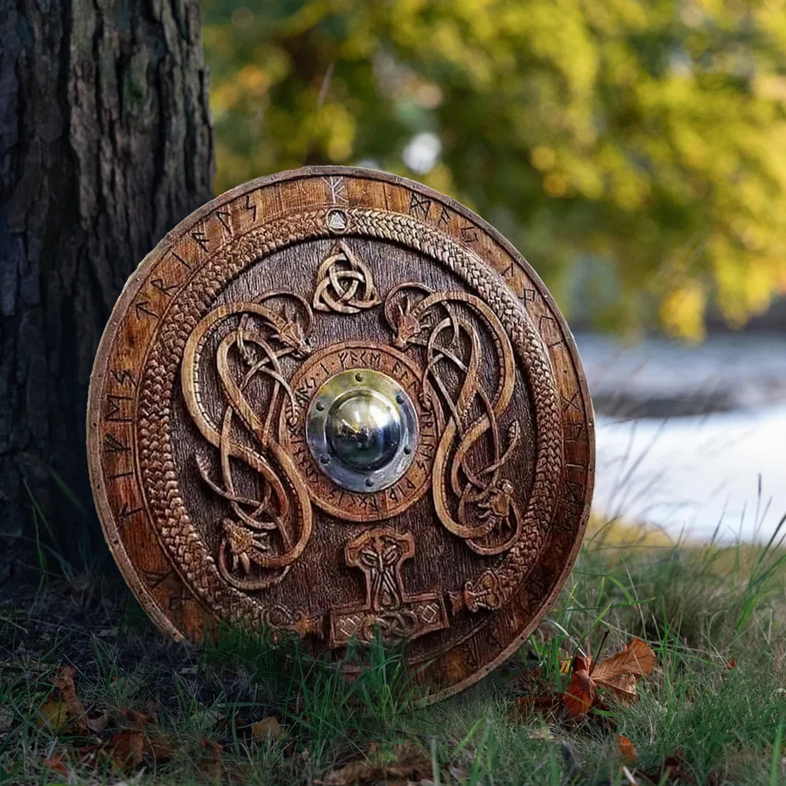 VW-1 Carved Norse Runic Shield 24" - Valknut Warriors