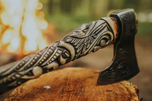 VW- 52 Hand Carved Raven forged Viking Axe, Gentlemen Gift, Groomsmen Gift, Christmas Gift - Valknut Warriors