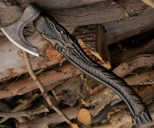 VW-57 Hand Forged Dragon head Carved viking Axe, Groomsmen Gift, Gentlemen Gift, Christmas Gift - Valknut Warriors