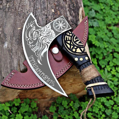 VW-63 Skull Pizza Axe, Hand Forged Skull Pizza axe, Groomsmen Gift, Gentlemen Gift, Christmas Gift - Valknut Warriors