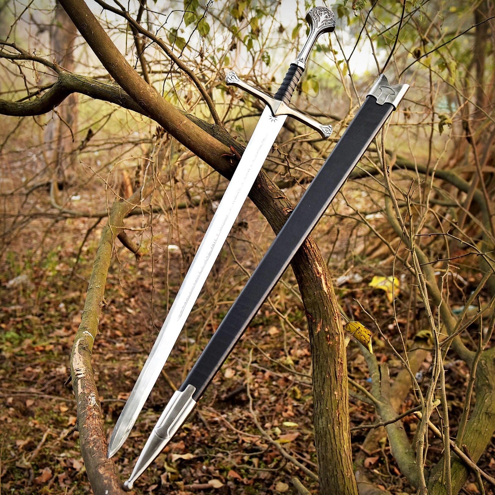 Fantasy Medieval Steel Sword with Wooden Wall Mount