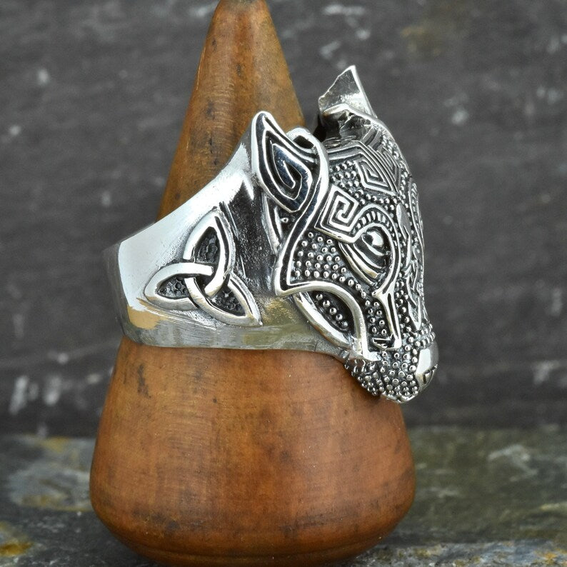 VW-155 Viking Celtic Fenrir Wolf ring, Handcrafted Sterling Silver ring, Gift for him, Christmas Gift, Gentlemen Gift