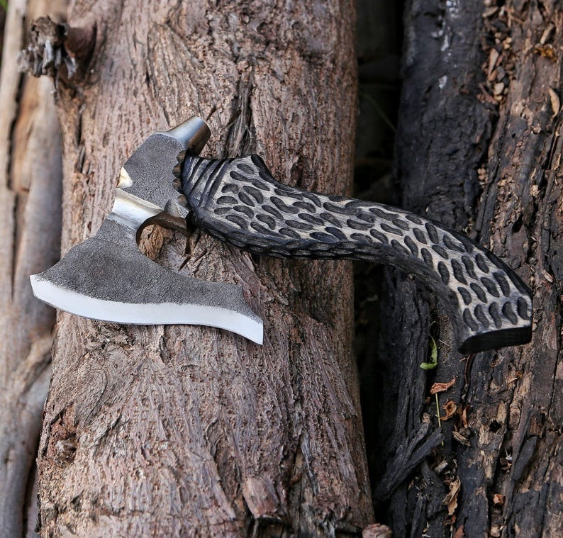 Handmade Forged Carbon Steel Viking Axe – Textured Ash Wood Handle Bearded Hatchet with Hammer Poll | Historical Norse Replica