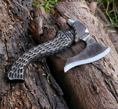 Handmade Forged Carbon Steel Viking Axe – Textured Ash Wood Handle Bearded Hatchet with Hammer Poll | Historical Norse Replica