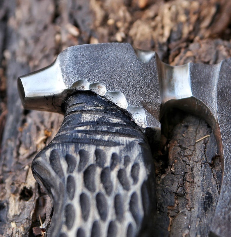 Handmade Forged Carbon Steel Viking Axe – Textured Ash Wood Handle Bearded Hatchet with Hammer Poll | Historical Norse Replica