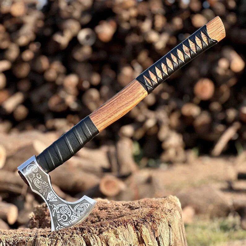 VW-5 Handmade Viking Axe, Forged axe with leather sheath, - Valknut Warriors