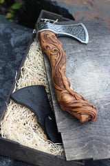 Fenrir Viking Axe – Forged Carbon Steel Blade with Engraved Ash Wood Handle & Sheath – Norse Gift for Him