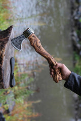 Fenrir Viking Axe – Forged Carbon Steel Blade with Engraved Ash Wood Handle & Sheath – Norse Gift for Him