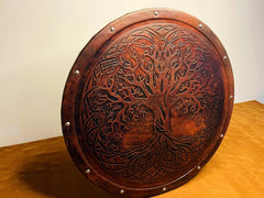 Handmade Tree of Life Viking Shield – Leather, Brass & Wood Norse Replica