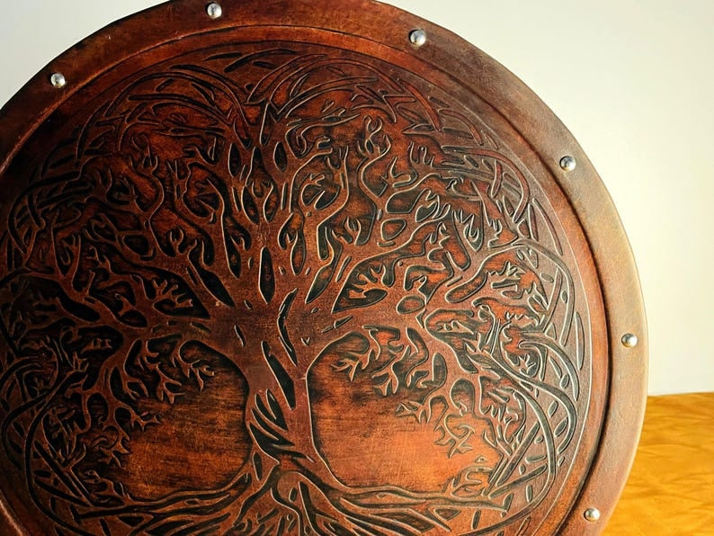 Handmade Tree of Life Viking Shield – Leather, Brass & Wood Norse Replica
