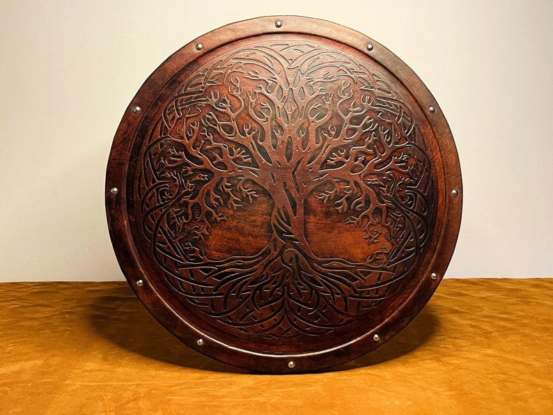 Handmade Tree of Life Viking Shield – Leather, Brass & Wood Norse Replica