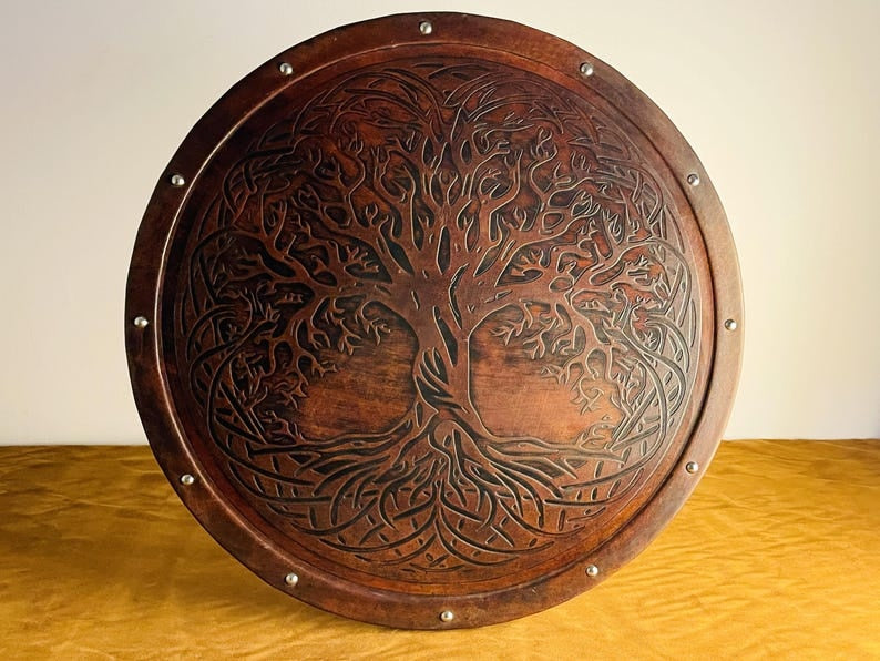 Handmade Tree of Life Viking Shield – Leather, Brass & Wood Norse Replica