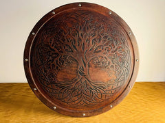 Handmade Tree of Life Viking Shield – Leather, Brass & Wood Norse Replica