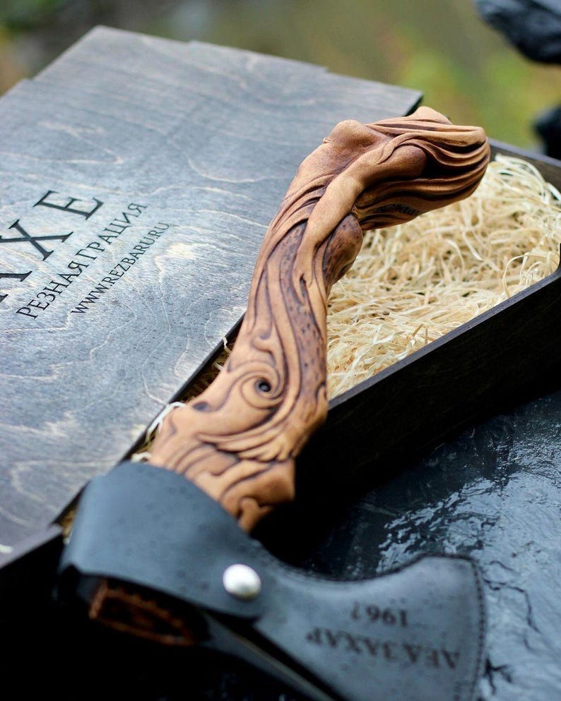 Fenrir Viking Axe – Forged Carbon Steel Blade with Engraved Ash Wood Handle & Sheath – Norse Gift for Him
