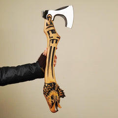 Fenrir Viking Axe – Forged Carbon Steel with Engraved Ash Wood Handle & Sheath – Gift for Him