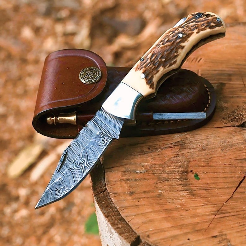 Handmade Damascus Steel Folding Pocket Knife | Horn Handle & Leather Sheath
