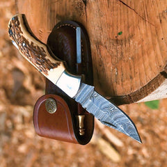 Handmade Damascus Steel Folding Pocket Knife | Horn Handle & Leather Sheath
