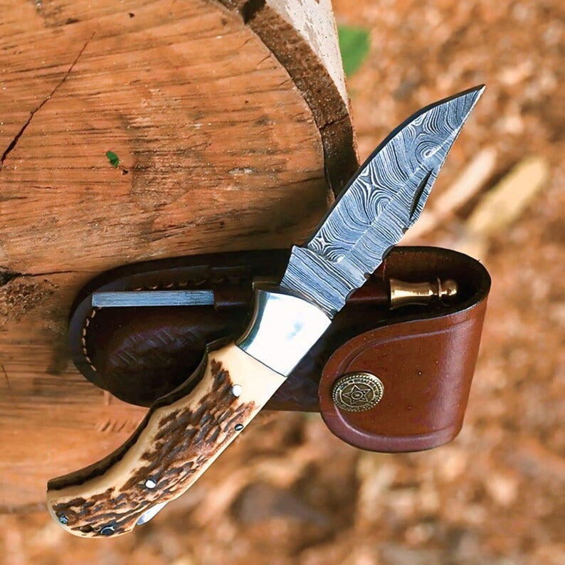 Handmade Damascus Steel Folding Pocket Knife | Horn Handle & Leather Sheath