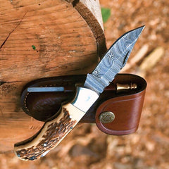 Handmade Damascus Steel Folding Pocket Knife | Horn Handle & Leather Sheath
