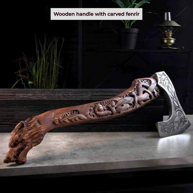 Functional Viking Axe | Carved Wolf Fenrir, Custom Engraving & Sheath