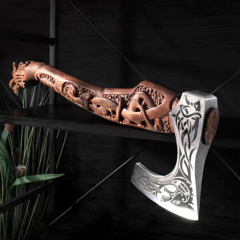 Functional Viking Axe | Carved Wolf Fenrir, Custom Engraving & Sheath