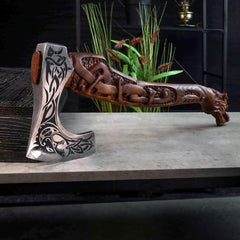 Functional Viking Axe | Carved Wolf Fenrir, Custom Engraving & Sheath