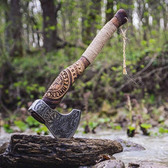Hand-Carved Viking Axe | Carbon Steel Hatchet with Tribal Wooden Handle