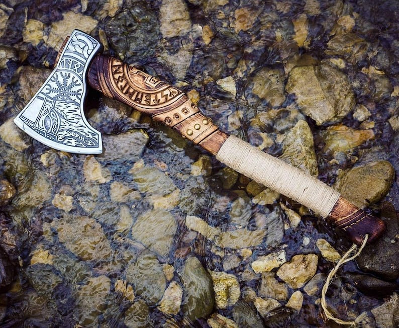 Hand-Carved Viking Axe | Carbon Steel Hatchet with Tribal Wooden Handle