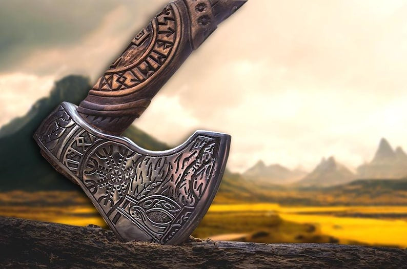 Hand-Carved Viking Axe | Carbon Steel Hatchet with Tribal Wooden Handle
