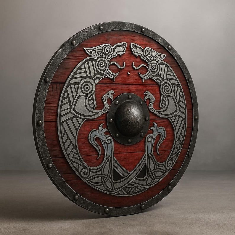 Handgefertigter Roter Wikingerschild – Graviertes nordisches Wolfsdesign & mittelalterliche Dekoration