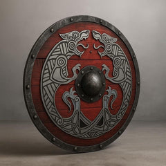 Handgefertigter Roter Wikingerschild – Graviertes nordisches Wolfsdesign & mittelalterliche Dekoration