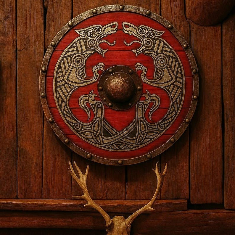 Handgefertigter Roter Wikingerschild – Graviertes nordisches Wolfsdesign & mittelalterliche Dekoration
