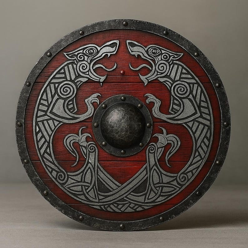 Handgefertigter Roter Wikingerschild – Graviertes nordisches Wolfsdesign & mittelalterliche Dekoration