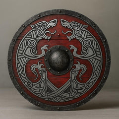 Handgefertigter Roter Wikingerschild – Graviertes nordisches Wolfsdesign & mittelalterliche Dekoration