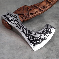 Functional Viking Axe | Carved Wolf Fenrir, Custom Engraving & Sheath