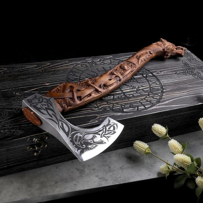 Functional Viking Axe | Carved Wolf Fenrir, Custom Engraving & Sheath