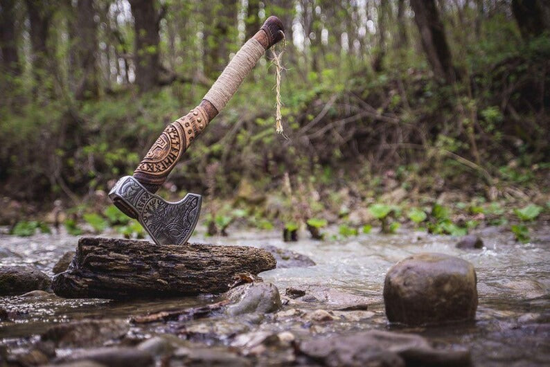 Hand-Carved Viking Axe | Carbon Steel Hatchet with Tribal Wooden Handle