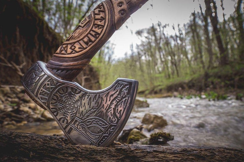 Hand-Carved Viking Axe | Carbon Steel Hatchet with Tribal Wooden Handle